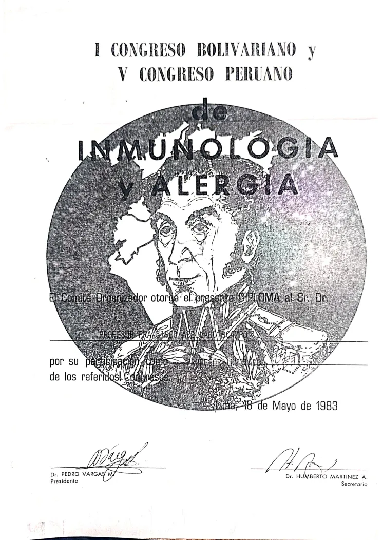 Programa del I Congreso Boliviano y V Congreso Peruano de Inmunología y Alergia, mayo 1980, Lima, Perú. Documento conservado en el archivo del Dr. Francisco Arellano Ocampo.