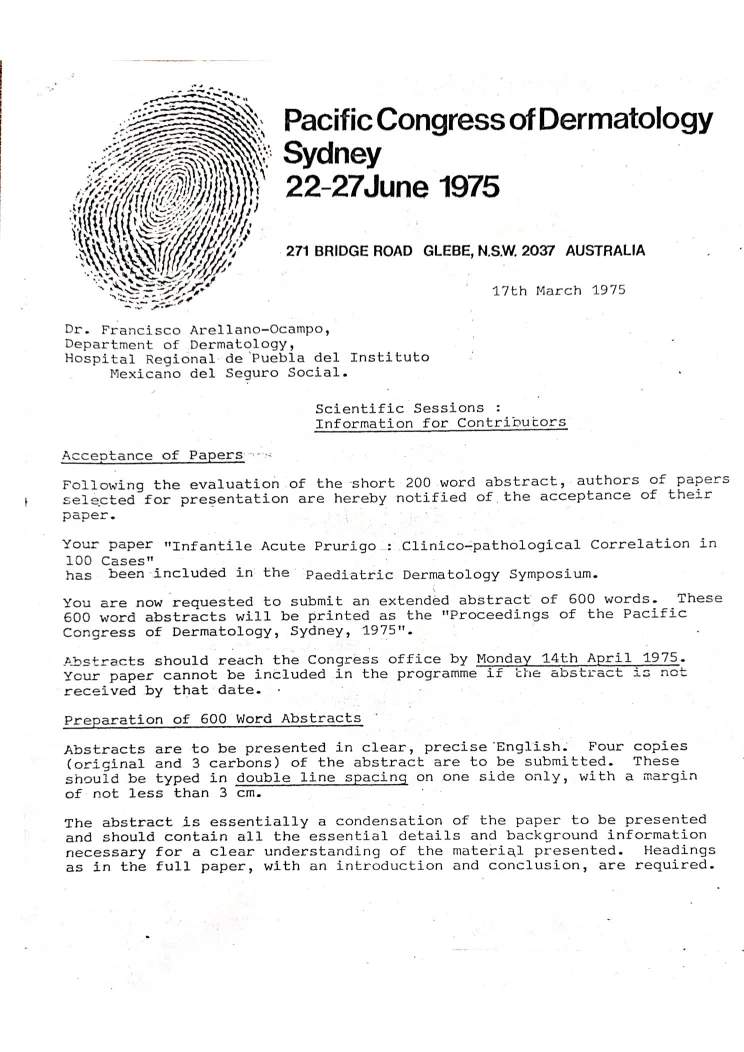 Documento del Pacific Congress of Dermatology celebrado en Sydney, Australia, del 22 al 27 de junio de 1975. Conservado en el archivo del Dr. Francisco Arellano Ocampo.