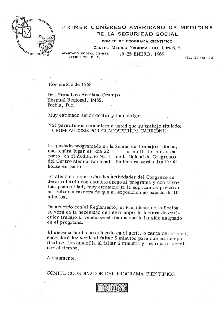 Documento del Primer Congreso Americano de Medicina de la Seguridad Social, celebrado en Acapulco del 5 al 10 de enero de 1969, donde el Dr. Francisco Arellano Ocampo fue miembro del Comité Organizador del Programa Científico.