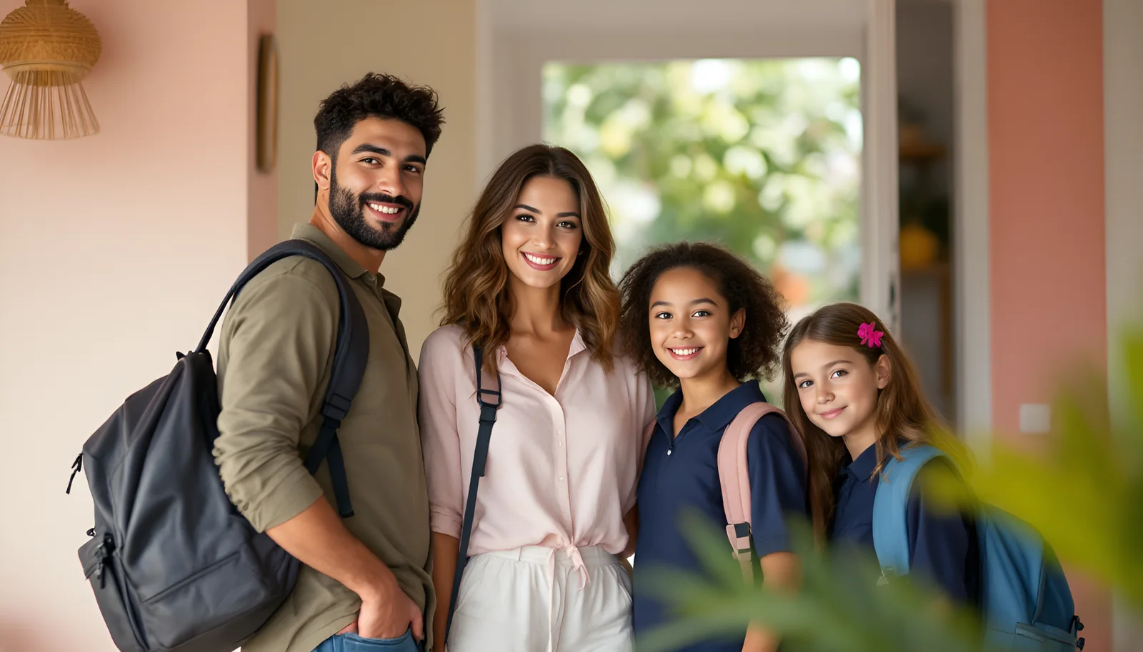Familia lista para el primer día de clases en la puerta de su casa