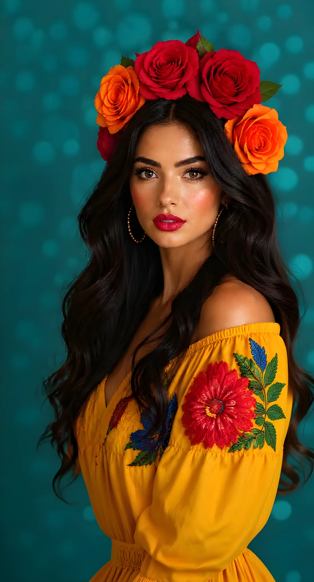 Mujer con corona de rosas rojas y naranjas y blusa bordada mexicana, imagen de los Especiales Patrios de la clínica