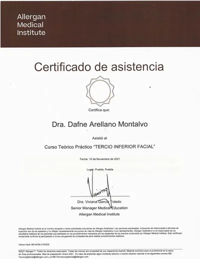 Diploma de Dra. Dafne Arellano Montalvo — Curso Teórico Práctico Tercio Inferior Facial — Allergan Medical Institute Puebla — 2021