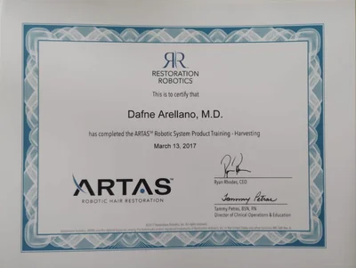 Diploma de Dra. Dafne Arellano Montalvo — ARTAS Robotic System Product Training — Harvesting — Restoration Robotics, Inc. (USA) — 2017
