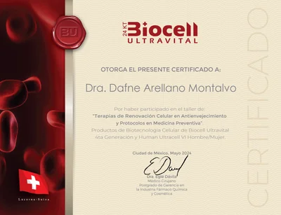 Diploma de Dra. Dafne Arellano Montalvo — Certificado — Terapias de Renovación Celular en Antienvejecimiento — Biocell Ultravital (Lucerna, Suiza) · CDMX — 2024