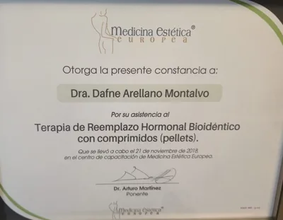 Diploma de Dra. Dafne Arellano Montalvo — Terapia de Reemplazo Hormonal Bioidéntico con pellets — Medicina Estética Europea 2018
