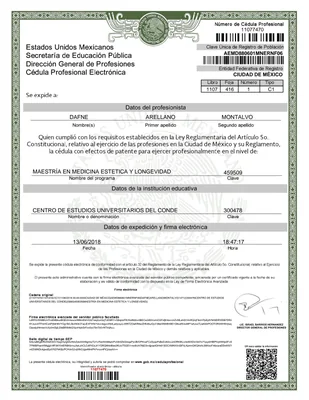 Diploma de Dra. Dafne Arellano Montalvo — Cédula Profesional Electrónica 11077470 — Maestría en Medicina Estética y Longevidad — SEP · Dirección General de Profesiones · 13/06/2018 — 2018