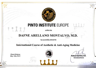 Diploma de Dra. Dafne Arellano Montalvo — International Course of Aesthetic & Anti-Aging Medicine — Pinto Institute Europe · Ghent, Bélgica — 2019