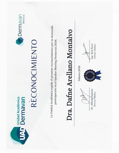 Diploma de Dra. Dafne Arellano Montalvo — Reconocimiento Speaker Meeting Dermavan 2026 — Unidad Académica Dermavan México