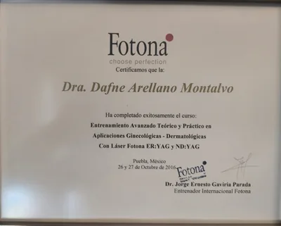 Diploma de Dra. Dafne Arellano Montalvo — Entrenamiento Avanzado Fotona ER:YAG Nd:YAG Aplicaciones Ginecológicas Dermatológicas Eslovenia 2016