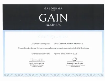 Diploma de Dra. Dafne Arellano Montalvo — GAIN Business Programa de Consultoría Galderma México — Agosto a Noviembre 2025