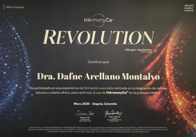 Diploma de Dra. Dafne Arellano Montalvo — HArmonyCa REVOLUTION Advanced Training Program — Allergan Medical Institute Cluster North LATAM — Bogotá Colombia — 2026