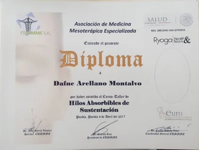 Diploma de Dra. Dafne Arellano Montalvo — Diploma — Hilos Absorbibles de Sustentación — Asoc. Medicina Mesoterápica Especializada (CUMMME) · REG SSA-QTR2016 — 2017