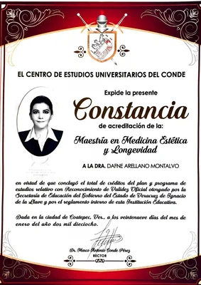 Diploma de Dra. Dafne Arellano Montalvo — Maestría en Medicina Estética y Longevidad — diploma original — Diploma original (la cédula SEP 11077470 anterior es la validación oficial vigente) — 2018