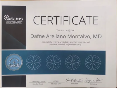 Diploma de Dra. Dafne Arellano Montalvo — Active Member ID 127663 — American Society for Laser Medicine & Surgery — ASLMS (USA) · Sociedad #1 mundial de medicina láser — 2019