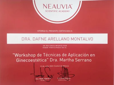 Diploma de Dra. Dafne Arellano Montalvo — Workshop — Técnicas de Aplicación en Ginecoestética — Neauvia Scientific Academy · CDMX — 2023