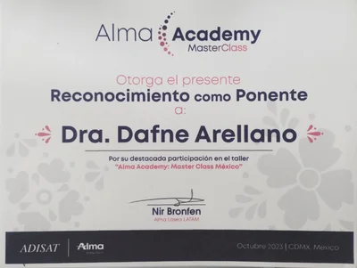 Diploma de Dra. Dafne Arellano Montalvo — PONENTE — Alma Academy: Master Class México — Alma Lasers LATAM · Ciudad de México — 2023