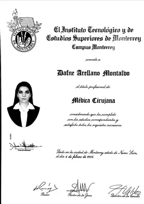Diploma de Dra. Dafne Arellano Montalvo — Título Profesional de Médica Cirujana — Instituto Tecnológico y de Estudios Superiores de Monterrey (Tec de Monterrey) · Campus Monterrey · Folio 193191 — 2015