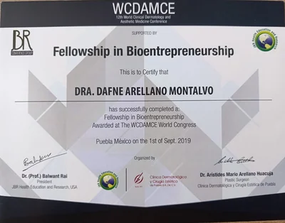 Diploma de Dra. Dafne Arellano Montalvo — Fellowship in Bioentrepreneurship — 12th WCDAMCE World Congress — WCDAMCE · Puebla México · JBR Health Education and Research USA — 2019