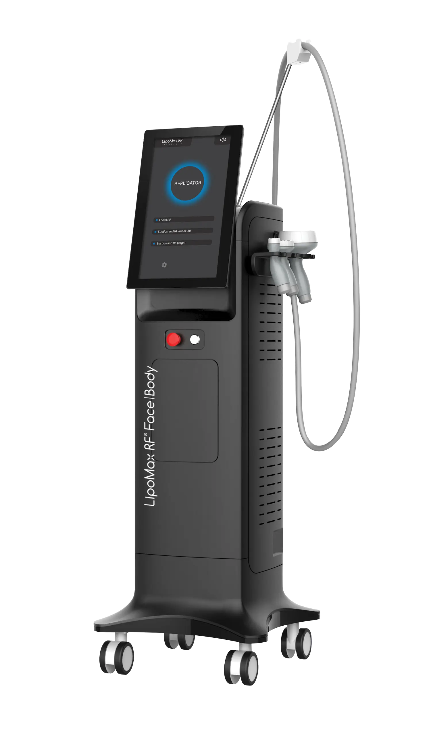 Equipo LipoMax RF Face y Body de Estetique: torre con pantalla táctil y cabezales de radiofrecuencia multipolar con vacumterapia