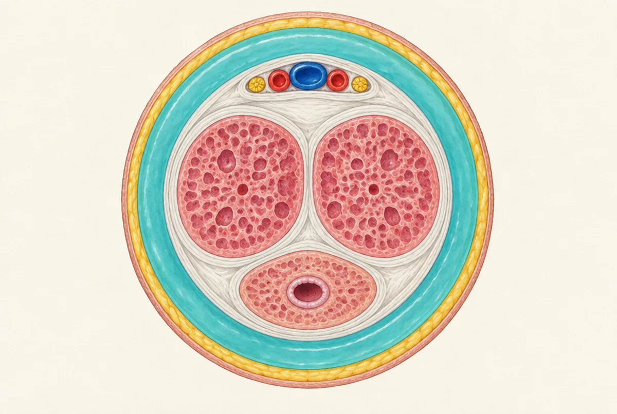 Ilustración médica: corte transversal del pene con sus capas; el anillo turquesa de ácido hialurónico HYAcorp MLF1 queda entre la fascia de Dartos y la fascia de Buck, por fuera de los nervios, vasos, cuerpos cavernosos y uretra
