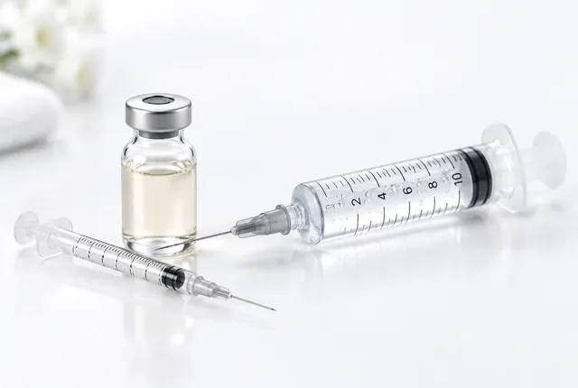 Vial de hialuronidasa con una jeringa pequeña junto a una jeringa de ácido hialurónico, símbolo de que el relleno es reversible