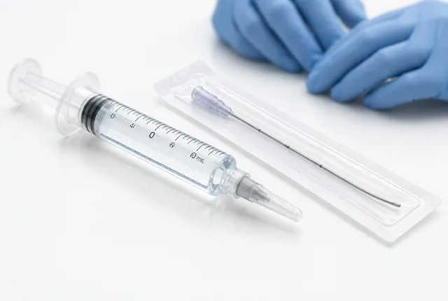 Jeringa de 10 mL con gel transparente de ácido hialurónico junto a una cánula roma estéril en su empaque