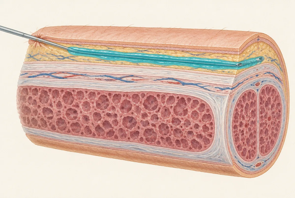 Ilustración médica: corte longitudinal del cuerpo del pene con la cánula roma entrando por un solo punto y depositando una banda uniforme de ácido hialurónico en el plano subcutáneo, por encima de la fascia de Buck
