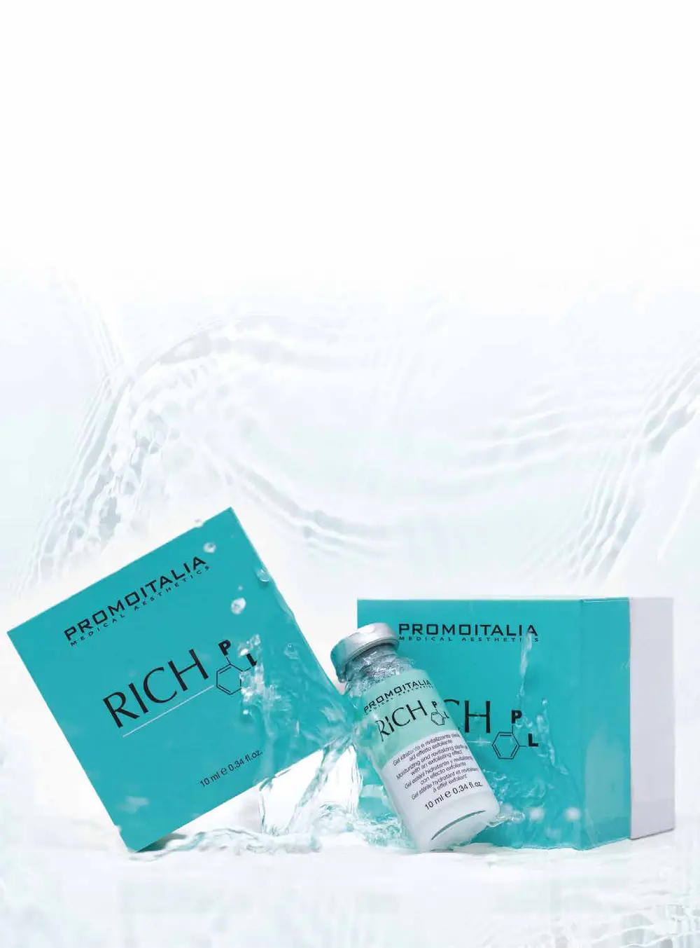 Caja y vial de 10 mL de RICH PL de Promoitalia, ácido poliláctico líquido con ácido hialurónico reticulado